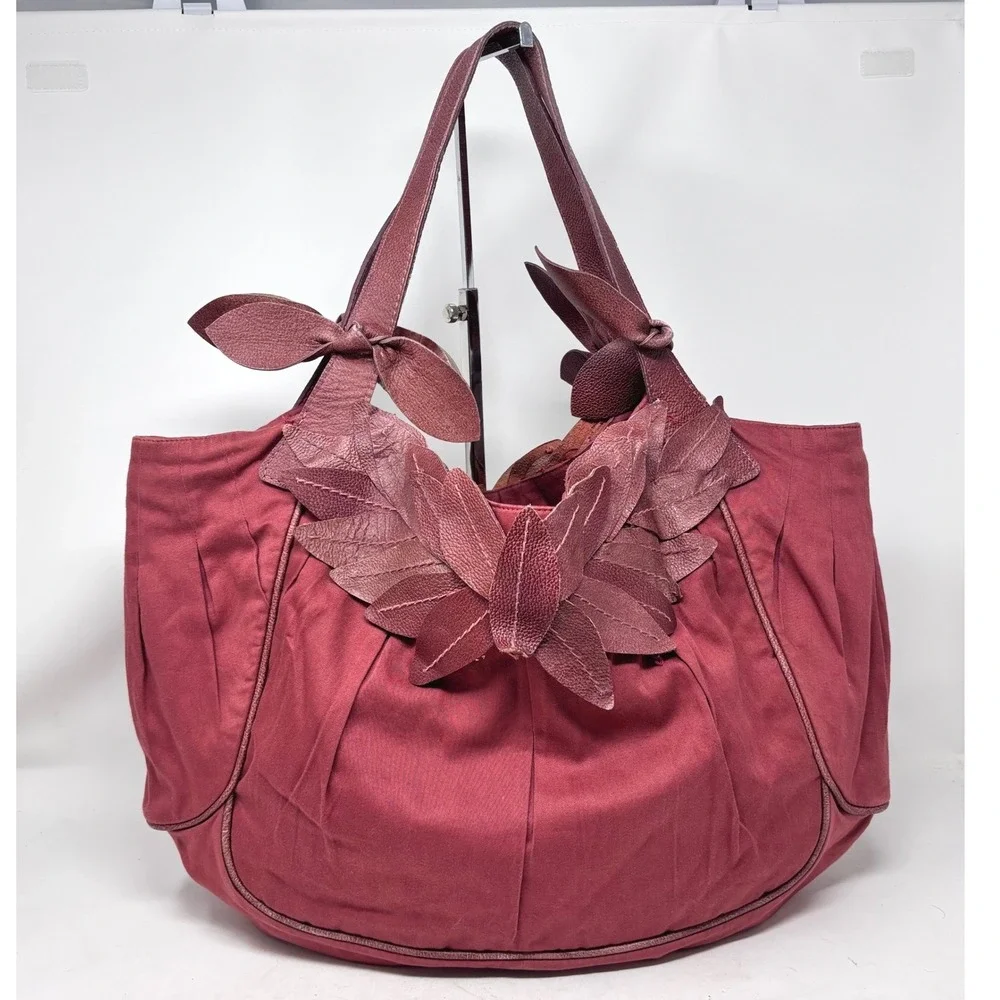Lucky Penny Hobo Shoulder‎ Bag Cotton with Red Leather Leaf Accent Anthropologie